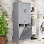 Meuble de salle de bain haut de 167 cm avec 2 paniers à linge basculants, 2 portes et étagères réglables, armoires de rangement de salle de bain autoportantes avec tiroir