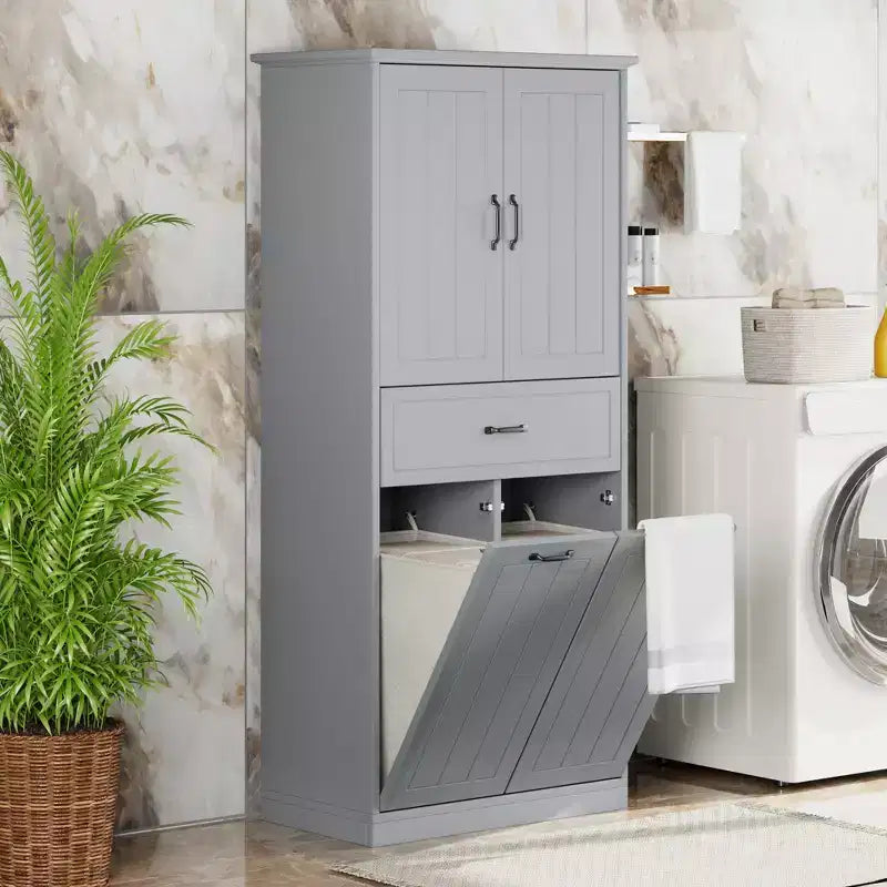 Meuble de salle de bain haut de 167 cm avec 2 paniers à linge basculants, 2 portes et étagères réglables, armoires de rangement de salle de bain autoportantes avec tiroir