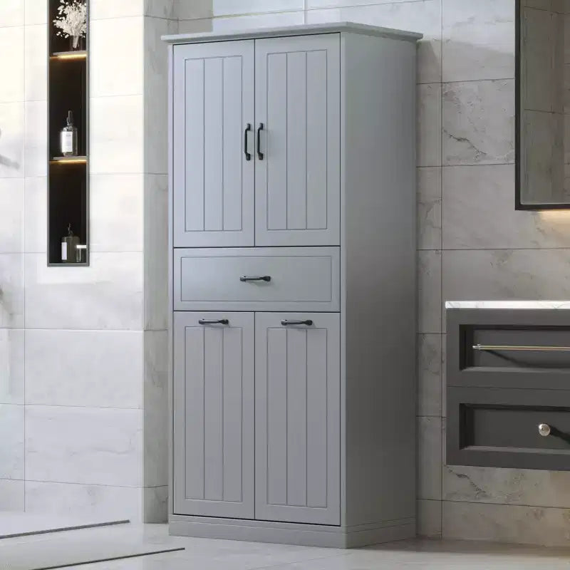Meuble de salle de bain haut de 167 cm avec 2 paniers à linge basculants, 2 portes et étagères réglables, armoires de rangement de salle de bain autoportantes avec tiroir