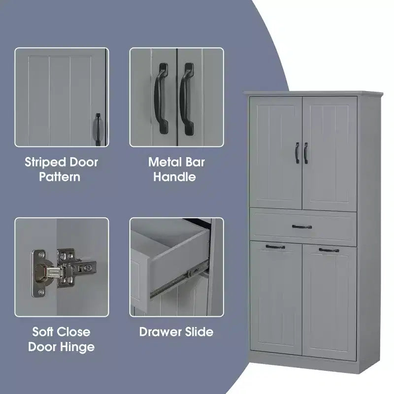Meuble de salle de bain haut de 167 cm avec 2 paniers à linge basculants, 2 portes et étagères réglables, armoires de rangement de salle de bain autoportantes avec tiroir