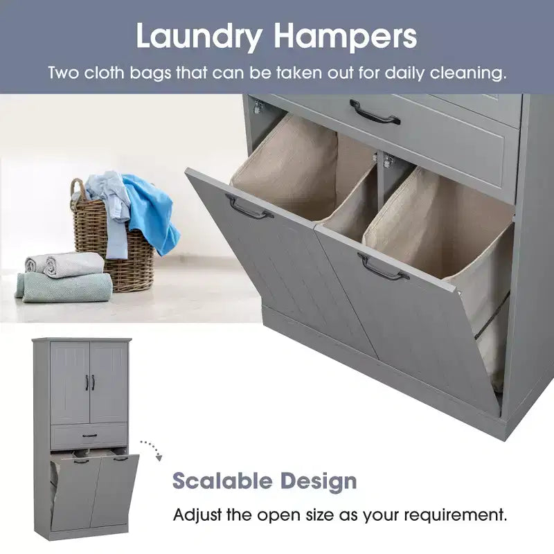 Meuble de salle de bain haut de 167 cm avec 2 paniers à linge basculants, 2 portes et étagères réglables, armoires de rangement de salle de bain autoportantes avec tiroir