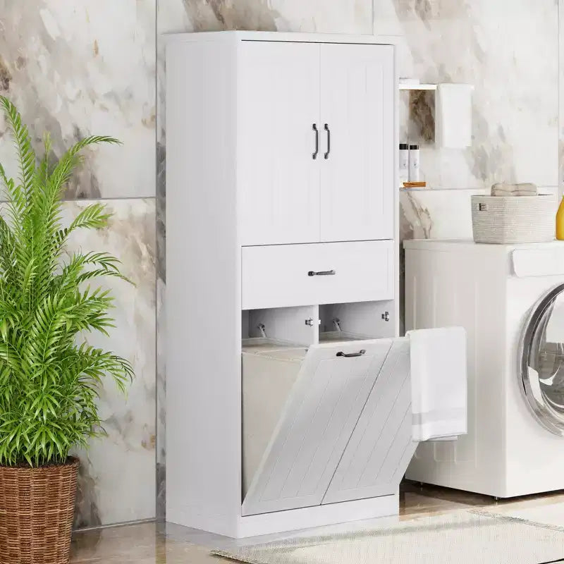 Meuble de salle de bain haut de 167 cm avec 2 paniers à linge basculants, 2 portes et étagères réglables, armoires de rangement de salle de bain autoportantes avec tiroir