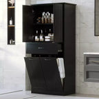 Meuble de salle de bain haut de 167 cm avec 2 paniers à linge basculants, 2 portes et étagères réglables, armoires de rangement de salle de bain autoportantes avec tiroir