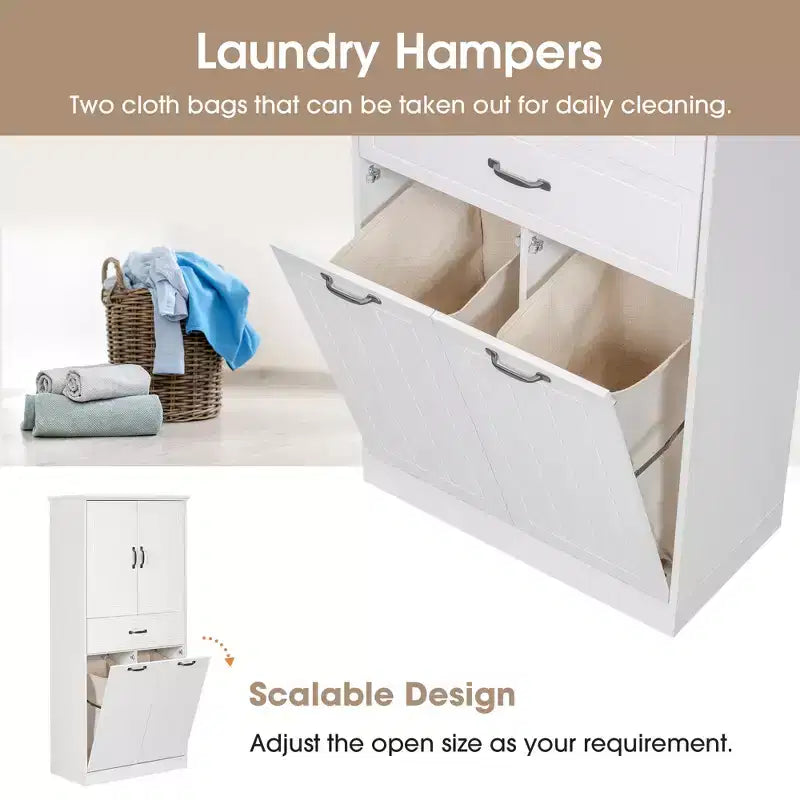 Meuble de salle de bain haut de 167 cm avec 2 paniers à linge basculants, 2 portes et étagères réglables, armoires de rangement de salle de bain autoportantes avec tiroir