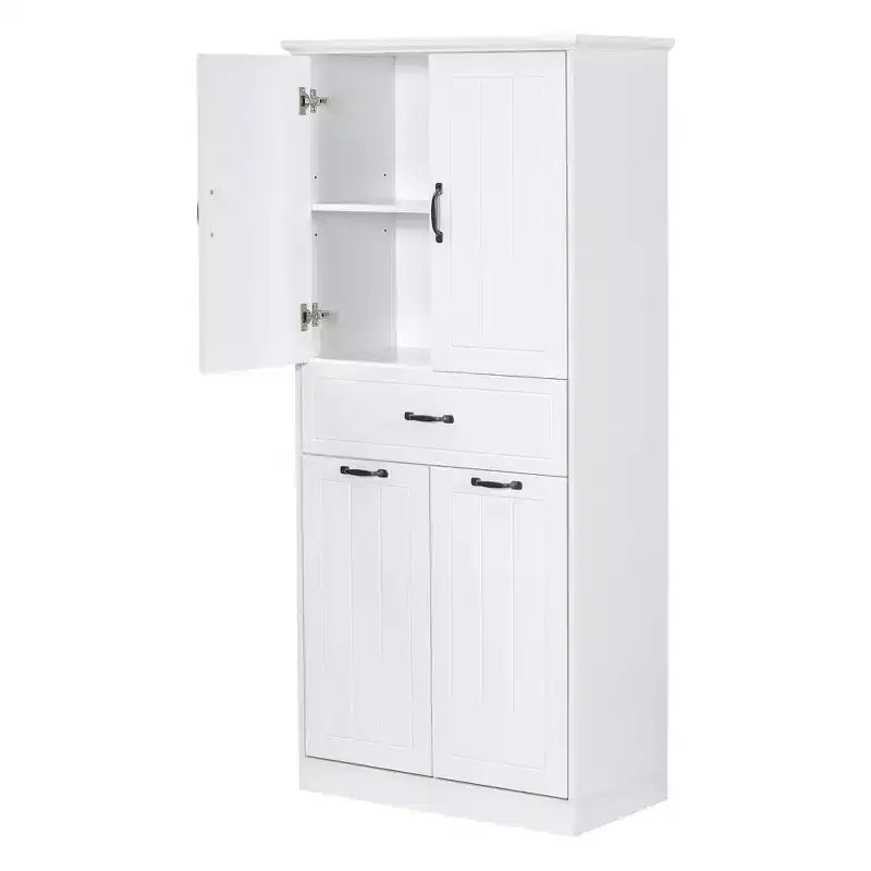 Meuble de salle de bain haut de 167 cm avec 2 paniers à linge basculants, 2 portes et étagères réglables, armoires de rangement de salle de bain autoportantes avec tiroir