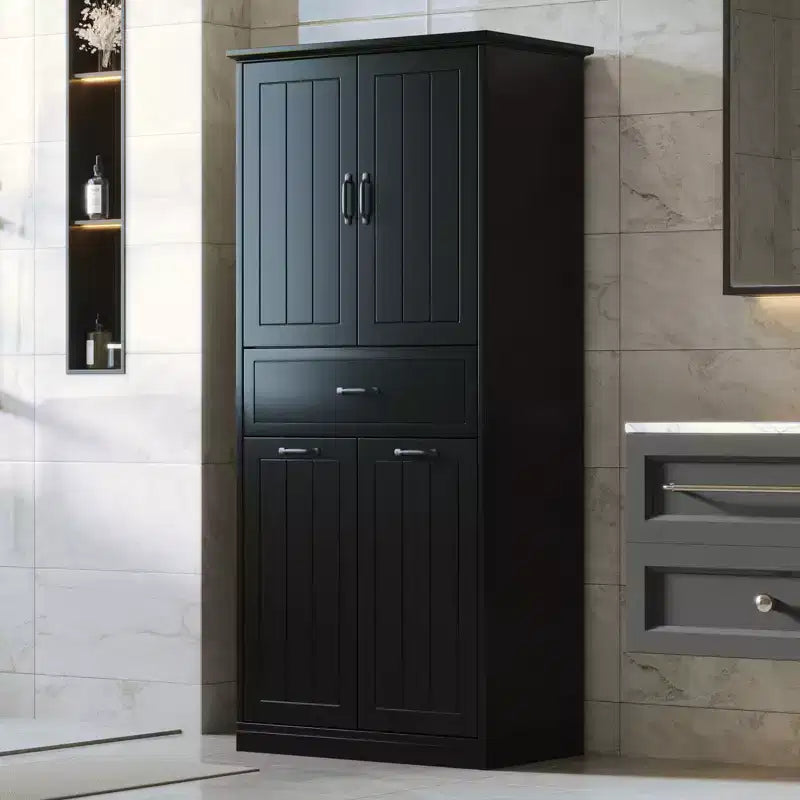 Meuble de salle de bain haut de 167 cm avec 2 paniers à linge basculants, 2 portes et étagères réglables, armoires de rangement de salle de bain autoportantes avec tiroir