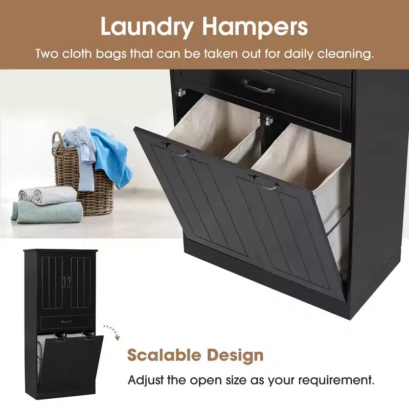 Meuble de salle de bain haut de 167 cm avec 2 paniers à linge basculants, 2 portes et étagères réglables, armoires de rangement de salle de bain autoportantes avec tiroir