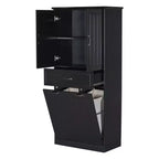 Meuble de salle de bain haut de 167 cm avec 2 paniers à linge basculants, 2 portes et étagères réglables, armoires de rangement de salle de bain autoportantes avec tiroir