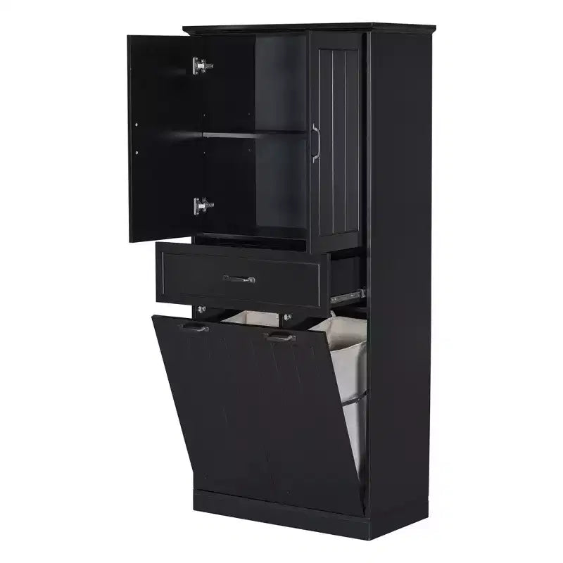 Meuble de salle de bain haut de 167 cm avec 2 paniers à linge basculants, 2 portes et étagères réglables, armoires de rangement de salle de bain autoportantes avec tiroir