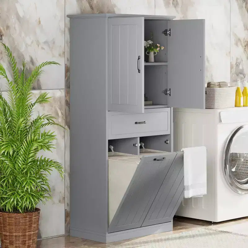 Meuble de salle de bain haut de 167 cm avec 2 paniers à linge basculants, 2 portes et étagères réglables, armoires de rangement de salle de bain autoportantes avec tiroir