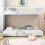 Lits Superposés Jumeaux Zevemomo, Lits Superposés en Métal à Profil Bas avec Barrière de Sécurité et Échelle sur Toute la Longueur, Gain de Place, Pas de Sommier Tapissier Nécessaire, Blanc