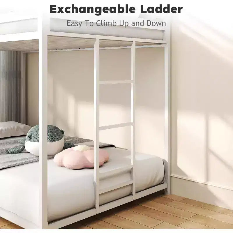 Lits Superposés Jumeaux Zevemomo, Lits Superposés en Métal à Profil Bas avec Barrière de Sécurité et Échelle sur Toute la Longueur, Gain de Place, Pas de Sommier Tapissier Nécessaire, Blanc