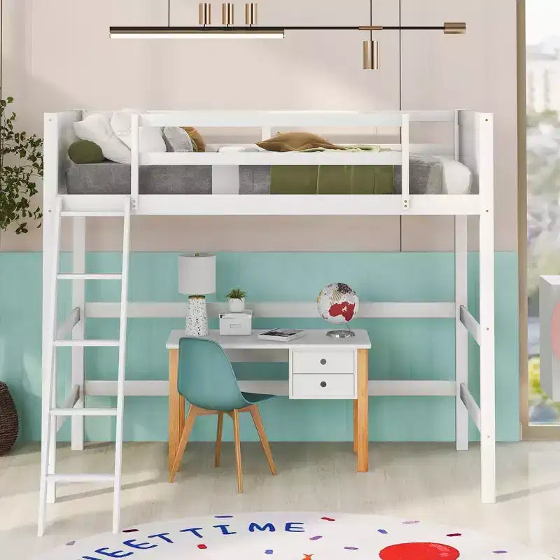 Okak 79.5IN Twin Size Kids Loft Bed with Ladder, Twin Bed with Safety Guardrails, Bed Frames for Kids Room, Gaming Room, Living Room