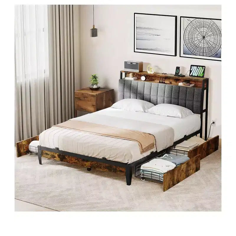 Queen Size Metal Bed Frame Upholstered Headboard Platform With Four Drawer Storage Metal Slats Support