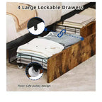 Cadre de lit en métal Queen Size avec tête de lit capitonnée, plateforme avec quatre tiroirs de rangement, support à lattes métalliques