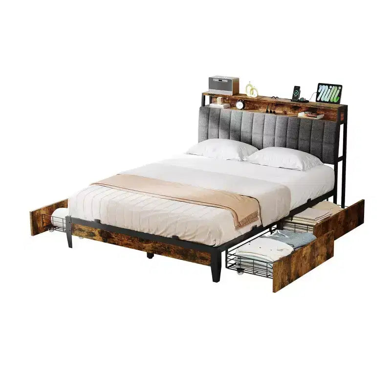 Cadre de lit en métal Queen Size avec tête de lit capitonnée, plateforme avec quatre tiroirs de rangement, support à lattes métalliques