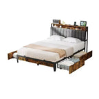 Cadre de lit en métal Queen Size avec tête de lit capitonnée, plateforme avec quatre tiroirs de rangement, support à lattes métalliques