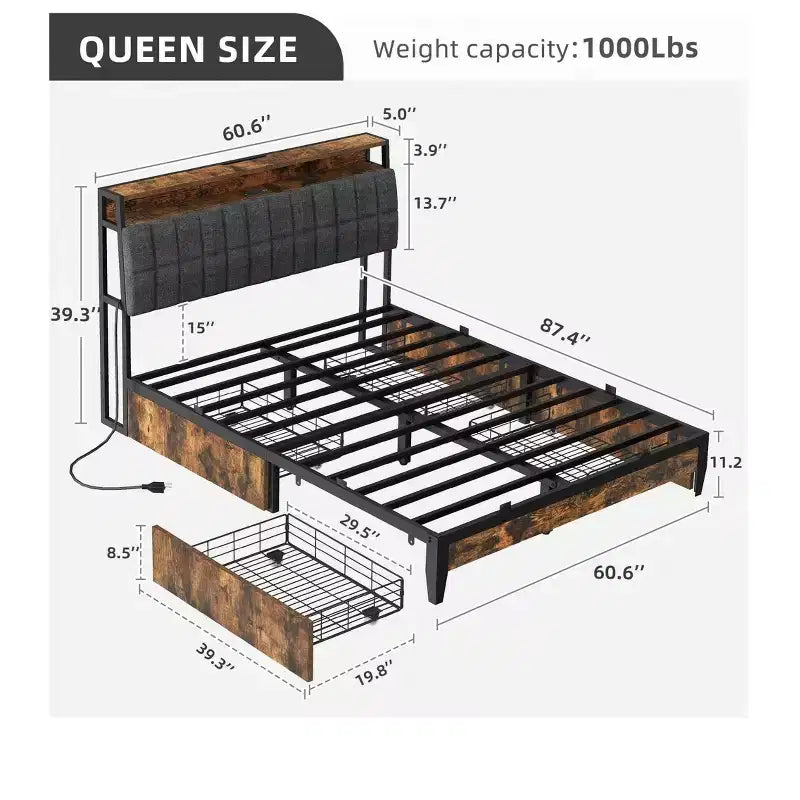 Cadre de lit en métal Queen Size avec tête de lit capitonnée, plateforme avec quatre tiroirs de rangement, support à lattes métalliques