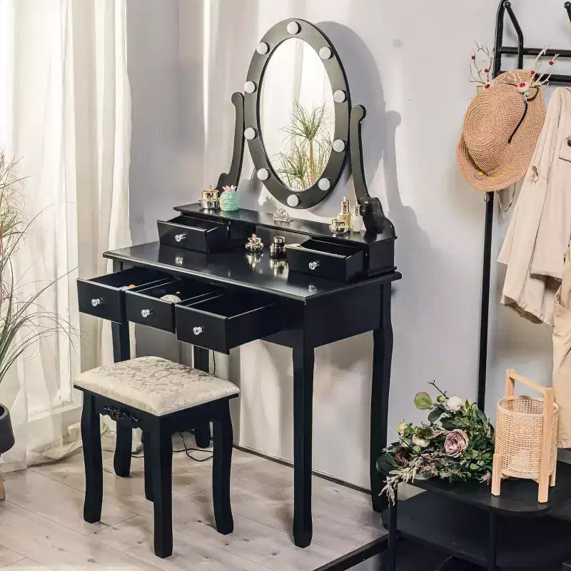 Petite coiffeuse moderne avec miroir et lumières, ensemble coiffeuse pour filles avec 5 tiroirs de rangement, tabouret pour chambre à coucher, table de maquillage pour chambre à coucher