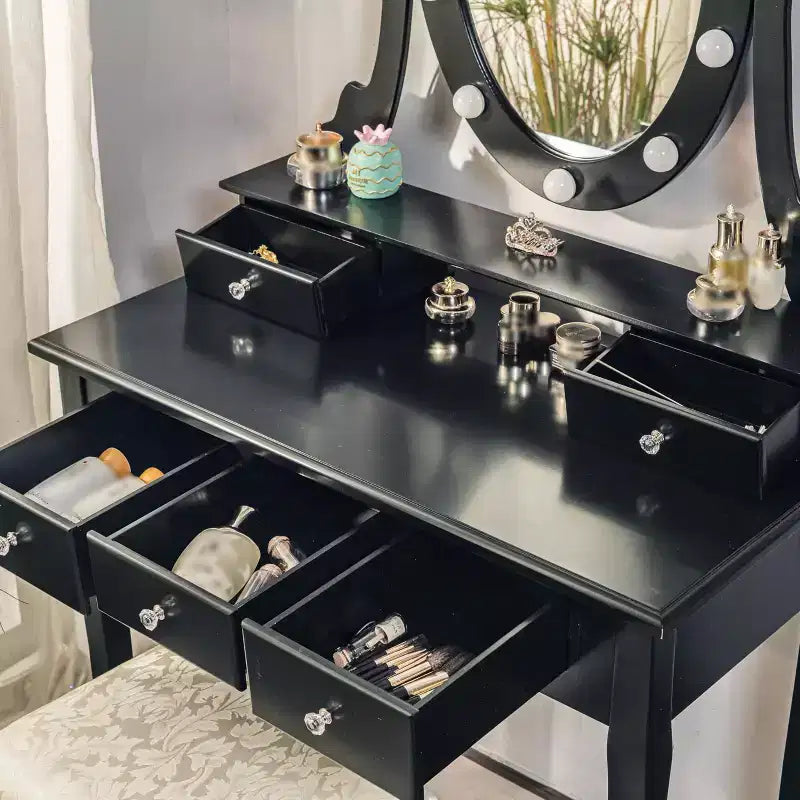 Petite coiffeuse moderne avec miroir et lumières, ensemble coiffeuse pour filles avec 5 tiroirs de rangement, tabouret pour chambre à coucher, table de maquillage pour chambre à coucher