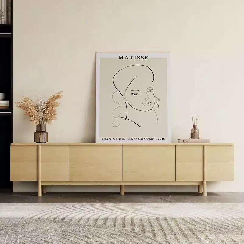 Meuble TV Luck Live de style moderne du milieu du siècle, 220 cm, avec poignées et pieds en bois massif, charnières à fermeture douce et ouvertures pour la gestion des câbles, couleur naturelle