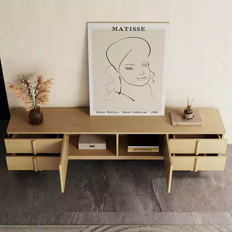 Meuble TV Luck Live de style moderne du milieu du siècle, 220 cm, avec poignées et pieds en bois massif, charnières à fermeture douce et ouvertures pour la gestion des câbles, couleur naturelle