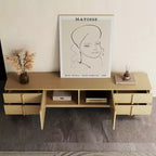 Meuble TV Luck Live de style moderne du milieu du siècle, 220 cm, avec poignées et pieds en bois massif, charnières à fermeture douce et ouvertures pour la gestion des câbles, couleur naturelle