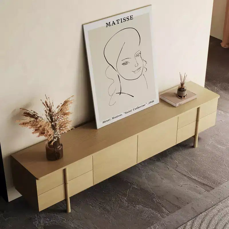 Meuble TV Luck Live de style moderne du milieu du siècle, 220 cm, avec poignées et pieds en bois massif, charnières à fermeture douce et ouvertures pour la gestion des câbles, couleur naturelle