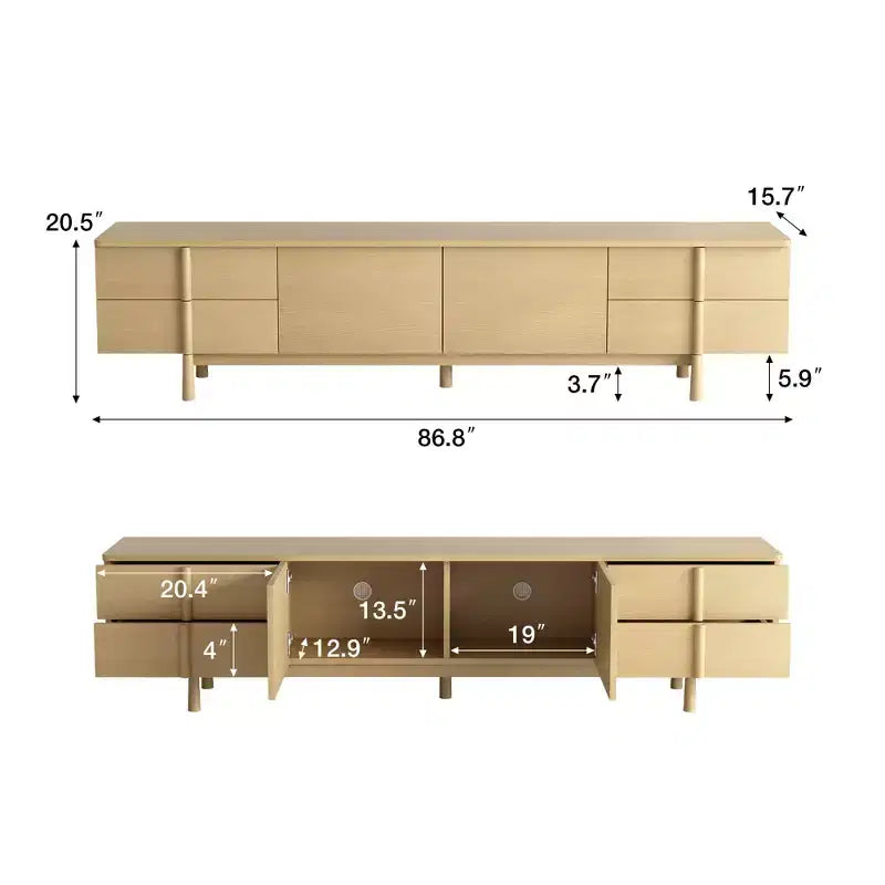 Meuble TV Luck Live de style moderne du milieu du siècle, 220 cm, avec poignées et pieds en bois massif, charnières à fermeture douce et ouvertures pour la gestion des câbles, couleur naturelle