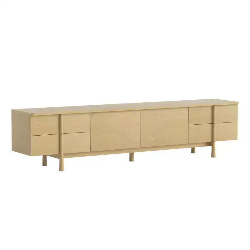 Meuble TV Luck Live de style moderne du milieu du siècle, 220 cm, avec poignées et pieds en bois massif, charnières à fermeture douce et ouvertures pour la gestion des câbles, couleur naturelle