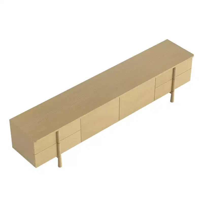 Meuble TV Luck Live de style moderne du milieu du siècle, 220 cm, avec poignées et pieds en bois massif, charnières à fermeture douce et ouvertures pour la gestion des câbles, couleur naturelle