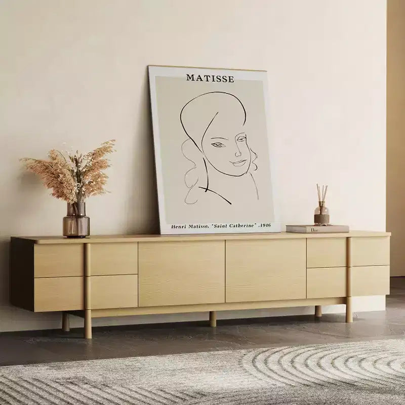 Luck Live Mid-Century Modern Style 86.8-Inch TV Stand with Solid Wood Handles & Feet, Soft-Close Hinges + Cable Management Holes Natural Color