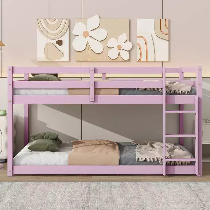 Okak 77.3IN Twin-Over-Twin Floor Bunk Bed with Ladder, Twin Bed with Guardrail and Strengthened Slats, Bed Frames for Kids Room, Gaming Room, Pink
