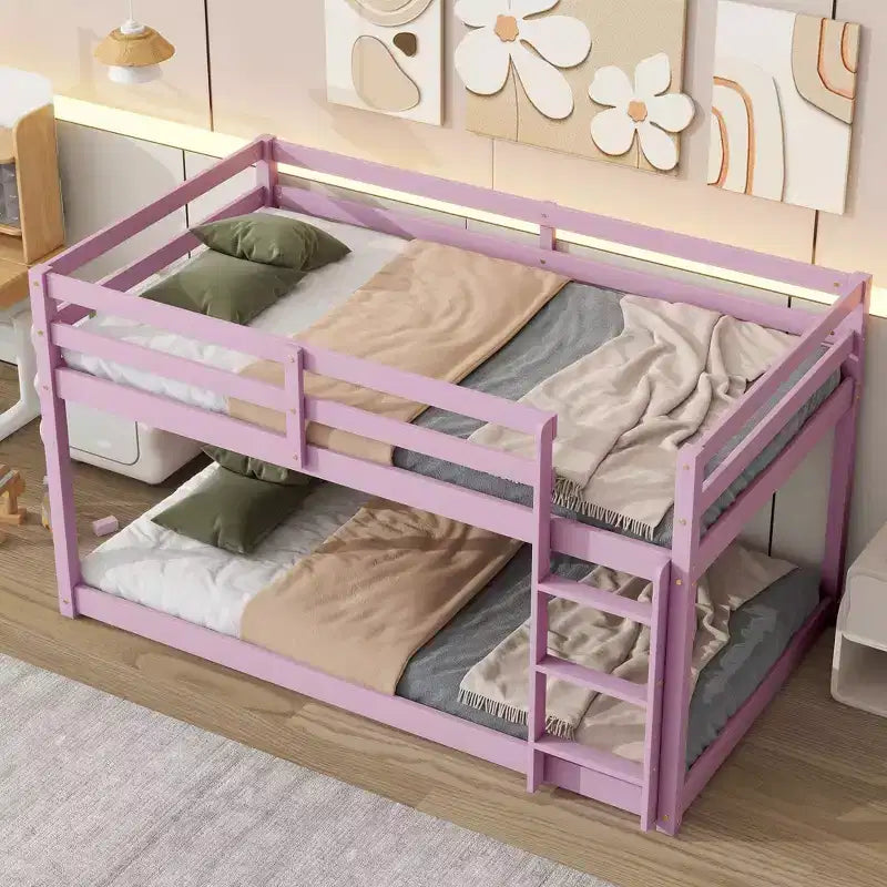 Okak Lit superposé double au sol de 196,3 cm avec échelle, lit double avec garde-corps et lattes renforcées, cadres de lit pour chambre d'enfant, salle de jeux, rose