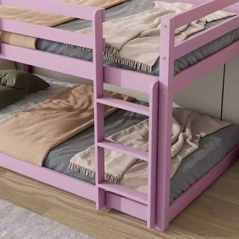 Okak Lit superposé double au sol de 196,3 cm avec échelle, lit double avec garde-corps et lattes renforcées, cadres de lit pour chambre d'enfant, salle de jeux, rose