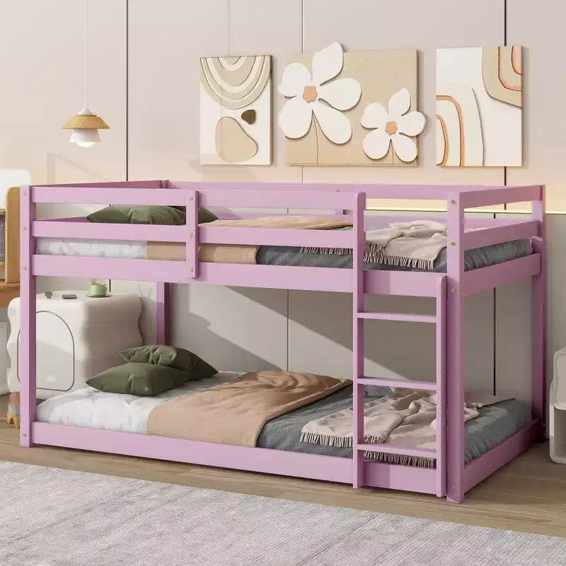 Okak Lit superposé double au sol de 196,3 cm avec échelle, lit double avec garde-corps et lattes renforcées, cadres de lit pour chambre d'enfant, salle de jeux, rose