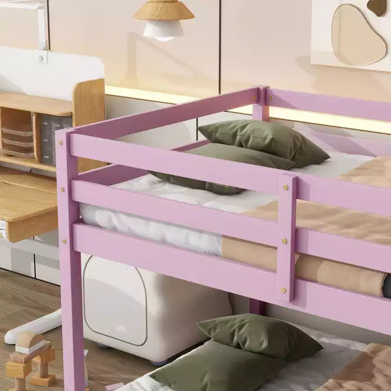Okak Lit superposé double au sol de 196,3 cm avec échelle, lit double avec garde-corps et lattes renforcées, cadres de lit pour chambre d'enfant, salle de jeux, rose