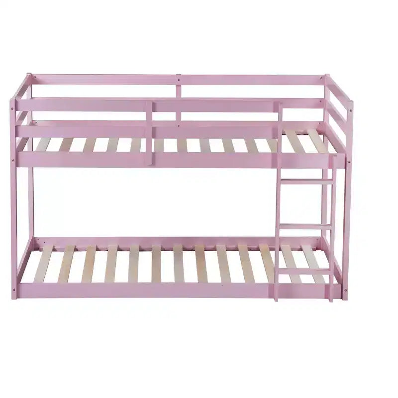 Okak Lit superposé double au sol de 196,3 cm avec échelle, lit double avec garde-corps et lattes renforcées, cadres de lit pour chambre d'enfant, salle de jeux, rose