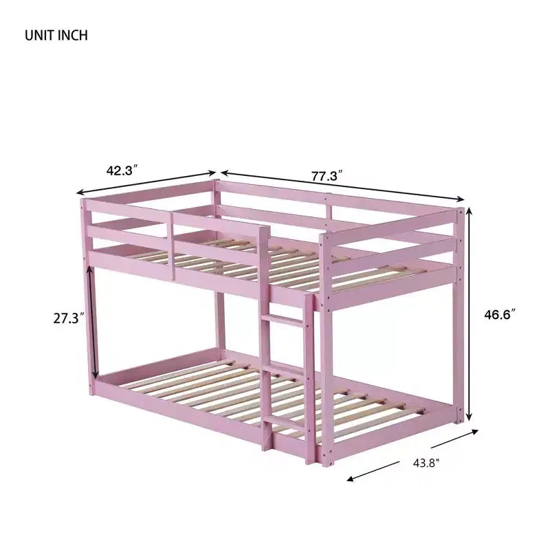 Okak Lit superposé double au sol de 196,3 cm avec échelle, lit double avec garde-corps et lattes renforcées, cadres de lit pour chambre d'enfant, salle de jeux, rose