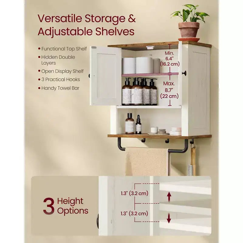 Armoire murale de ferme avec portes de grange, meuble de rangement pour médicaments de 46 x 61 cm avec étagère réglable et barre porte-serviettes, blanc rustique