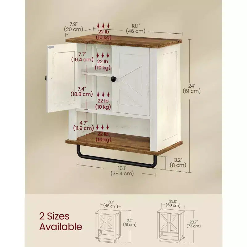Armoire murale de ferme avec portes de grange, meuble de rangement pour médicaments de 46 x 61 cm avec étagère réglable et barre porte-serviettes, blanc rustique