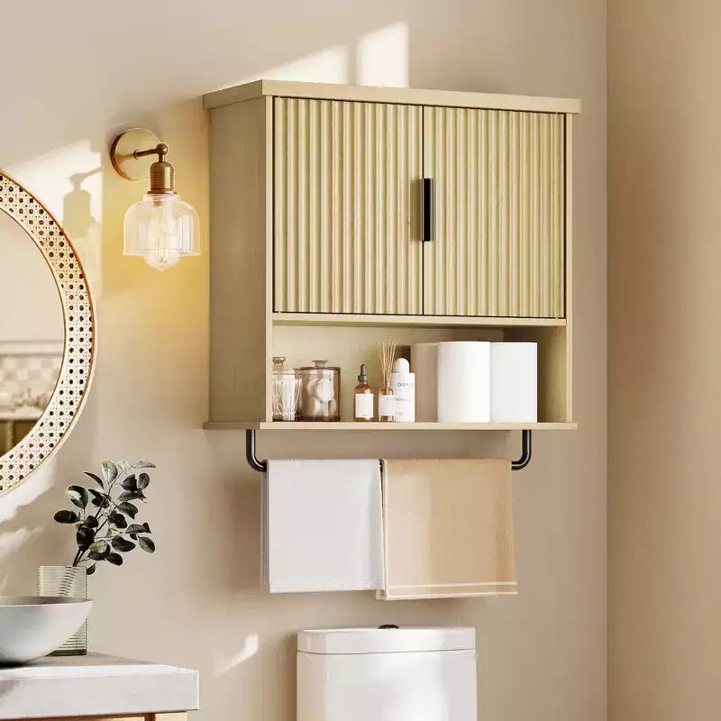 Wall-Mounted Cabinet with Fluted Doors, 23.6x28.7 Inch Over Toilet Storage with Adjustable Shelf and Towel Bar, Oak Beige