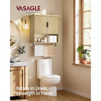 Meuble Mural avec Portes Cannelées, Rangement au-dessus des Toilettes de 60x73 cm avec Étagère Réglable et Barre Porte-Serviettes, Chêne Beige