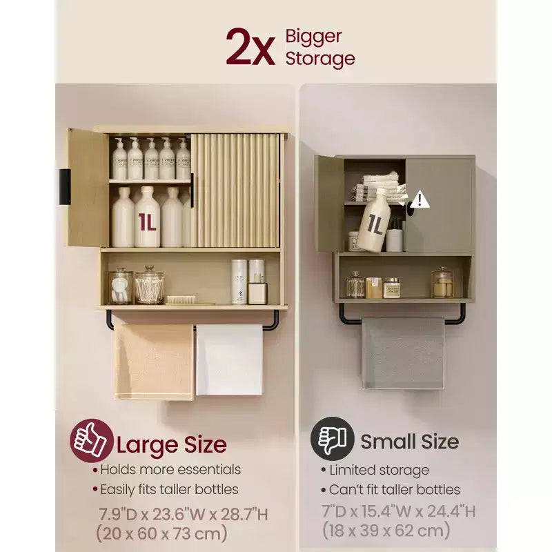 Meuble Mural avec Portes Cannelées, Rangement au-dessus des Toilettes de 60x73 cm avec Étagère Réglable et Barre Porte-Serviettes, Chêne Beige