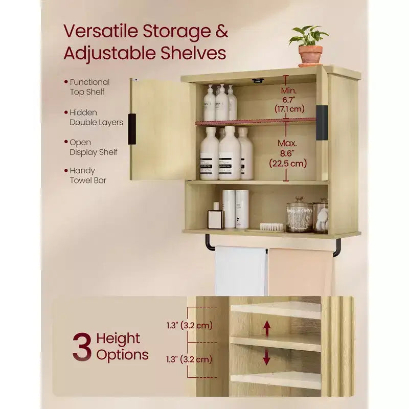 Meuble Mural avec Portes Cannelées, Rangement au-dessus des Toilettes de 60x73 cm avec Étagère Réglable et Barre Porte-Serviettes, Chêne Beige