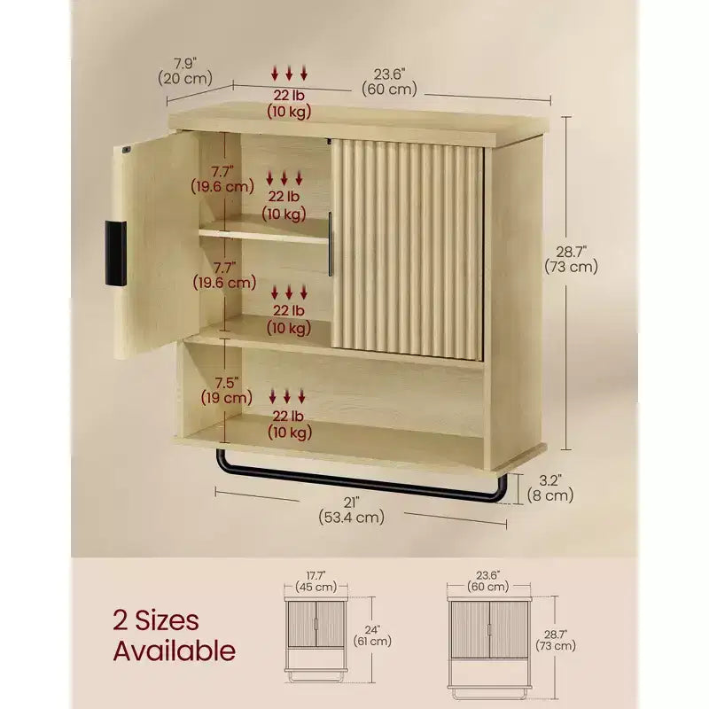 Meuble Mural avec Portes Cannelées, Rangement au-dessus des Toilettes de 60x73 cm avec Étagère Réglable et Barre Porte-Serviettes, Chêne Beige