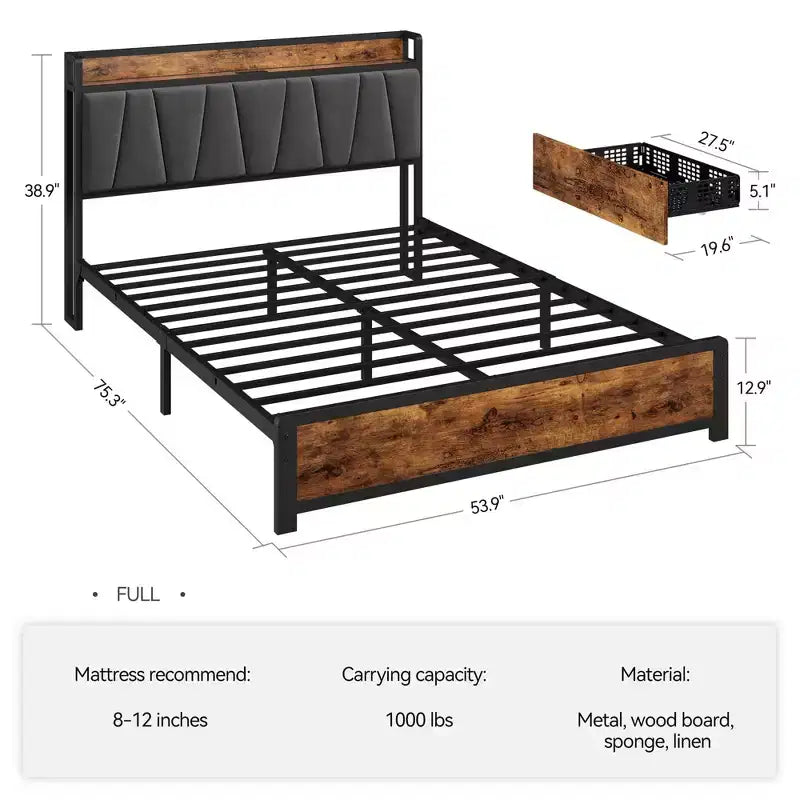 Cadre de lit de rangement marron rustique avec plateforme à 4 tiroirs et station de charge (sommier tapissier non requis)