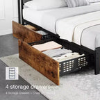 Cadre de lit de rangement marron rustique avec plateforme à 4 tiroirs et station de charge (sommier tapissier non requis)
