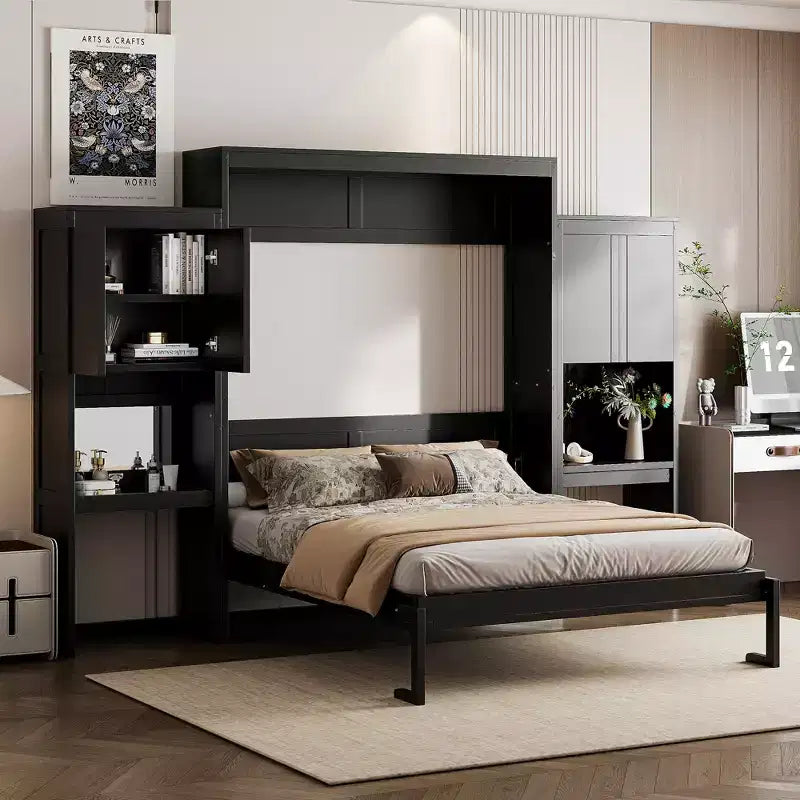 Lit escamotable Queen Size peu encombrant avec bureau, coiffeuse avec miroir et armoires - ModernLuxe