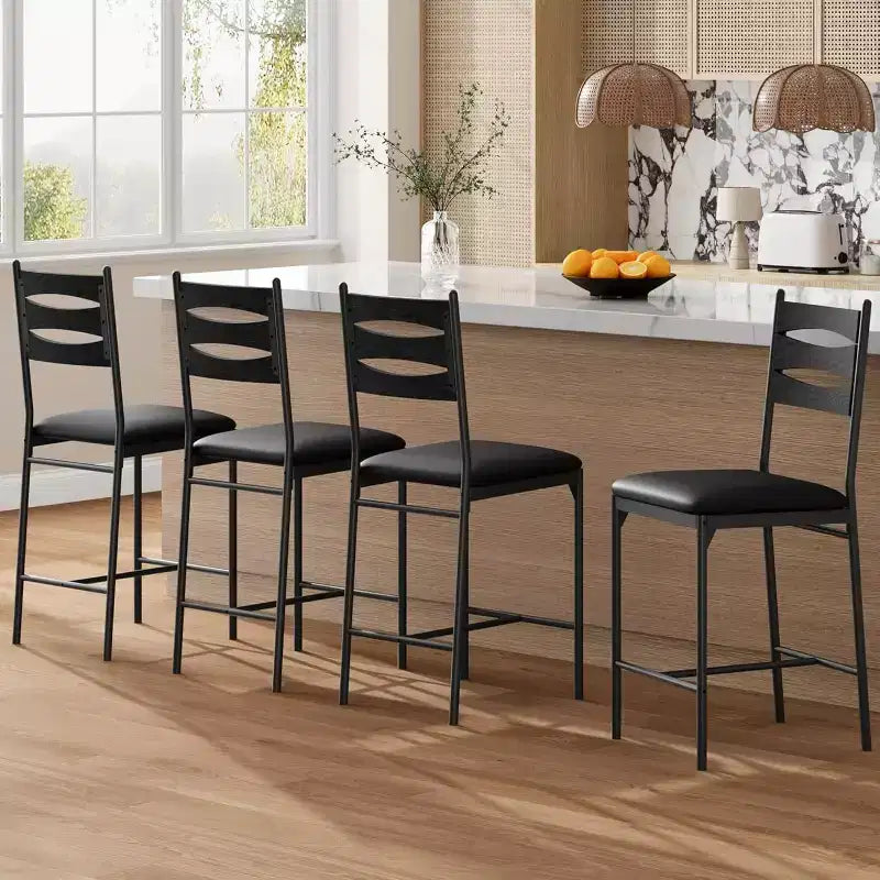 Set of 4 Counter Height Bar Stools, Faux Leather Upholstered Bar Chairs with Wooden Back, Thick Cushion and Footrest for Kitchen Island